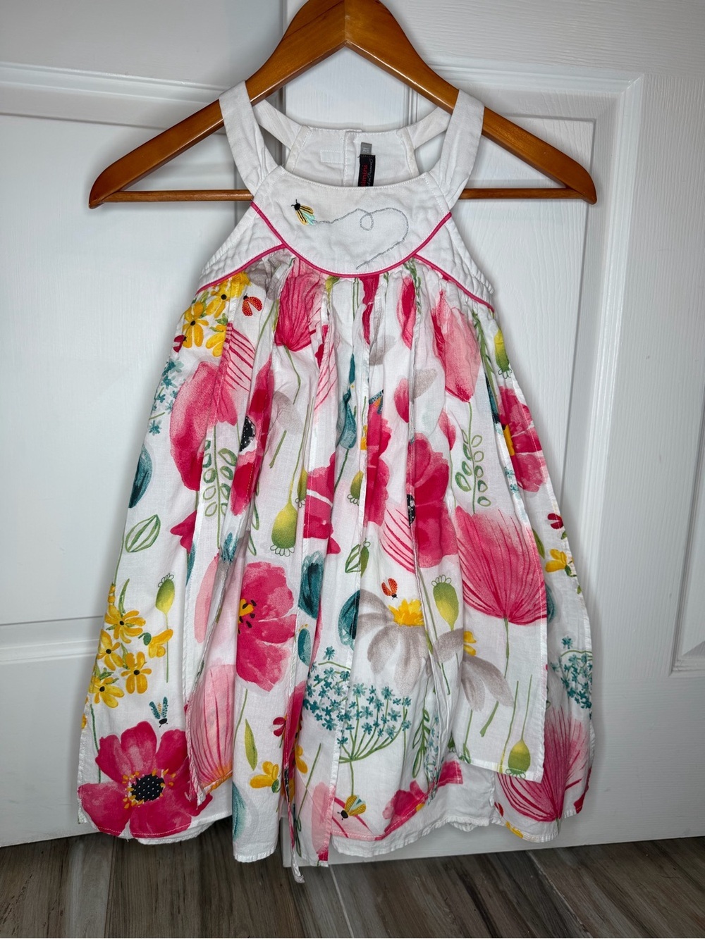 Catimini Girls Floral Pleated Embroidered Sleeveless Dress Sz 8 Pink Colorful